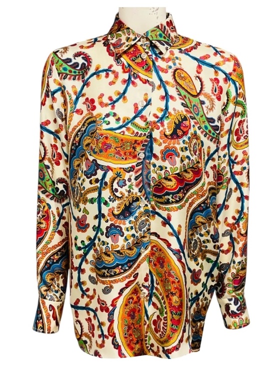 Etro Tops - Etro Ivory Multi Floral Paisley Motif Silk Twill Shirt